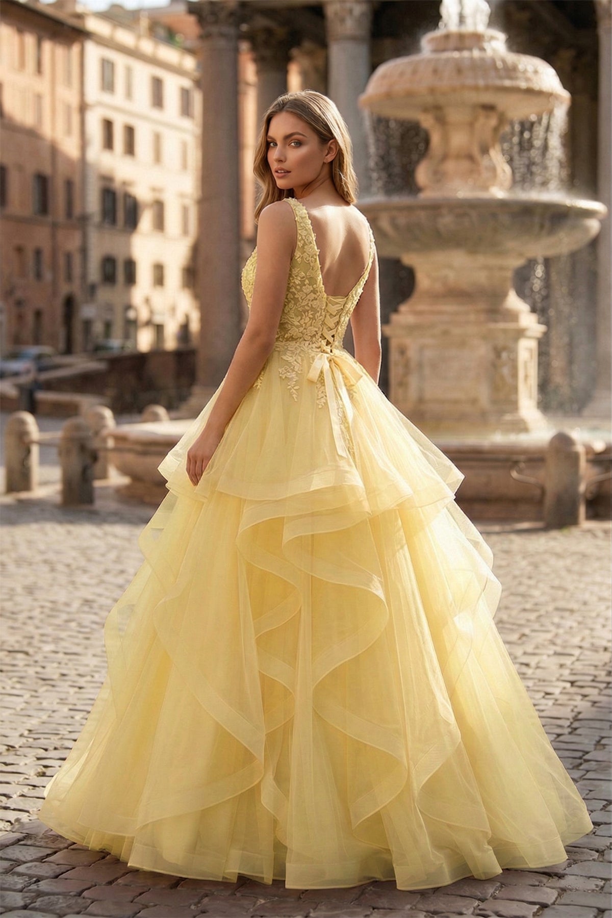 KissProm A-Line Prom Dresses Princess Dress Formal Floor Length Sleeveless V Neck Tulle Backless with Pleats Appliques, Yellow / 14