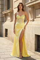 Mermaid Sweetheart Blue Beaded Ruched Long Prom Dress with Slit