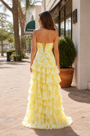 Cassian | Yellow- Mermaid Sweetheart Printed Chiffon Long Prom Dresses with Slit-KissProm