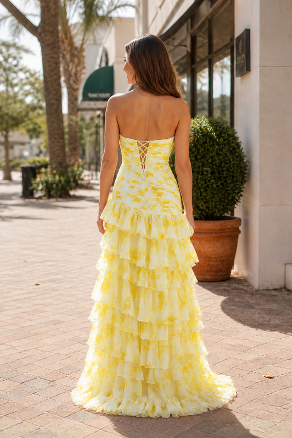 Cassian | Yellow- Mermaid Sweetheart Printed Chiffon Long Prom Dresses with Slit-KissProm