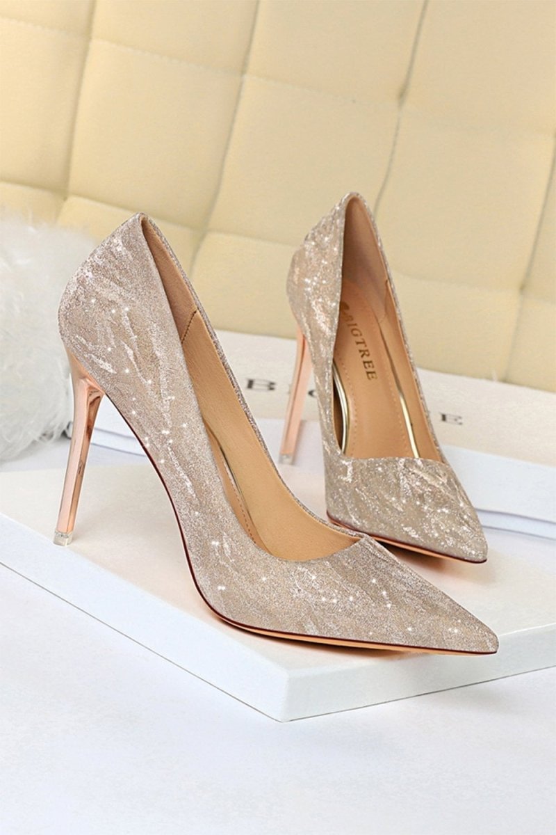 Shallow Toe Sequined Stiletto High Heels - KissProm