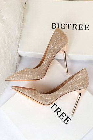 Shallow Toe Sequined Stiletto High Heels - KissProm