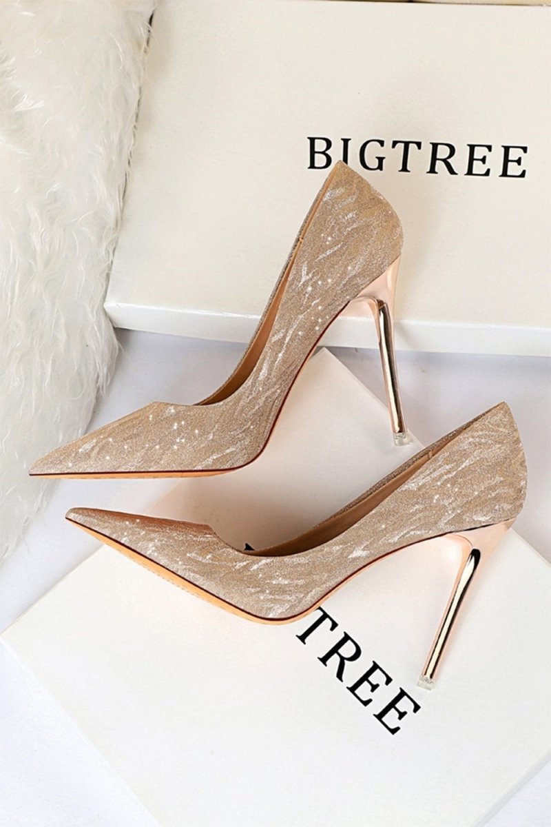 Shallow Toe Sequined Stiletto High Heels - KissProm