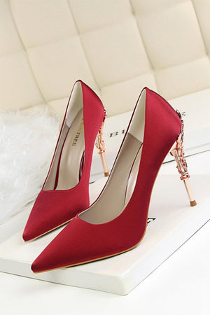 Burgundy Shallow Metal Stiletto Heels - KissProm