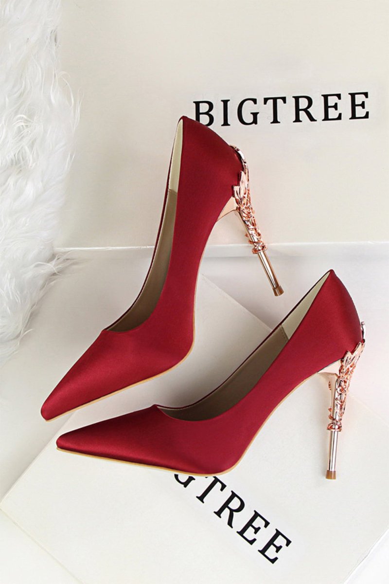Burgundy Shallow Metal Stiletto Heels - KissProm