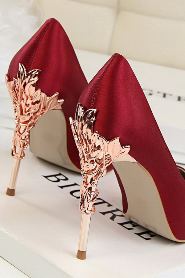 Burgundy Shallow Metal Stiletto Heels - KissProm