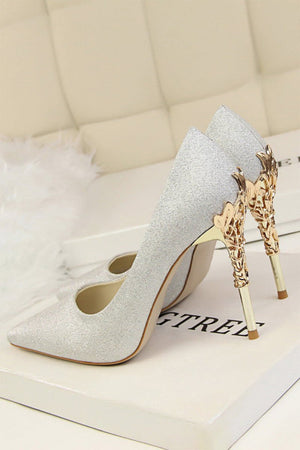 Burgundy Shallow Metal Stiletto Heels - KissProm