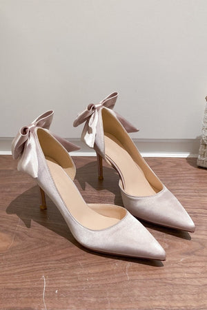 Satin Pumps Stiletto Heels with Bowknot - KissProm