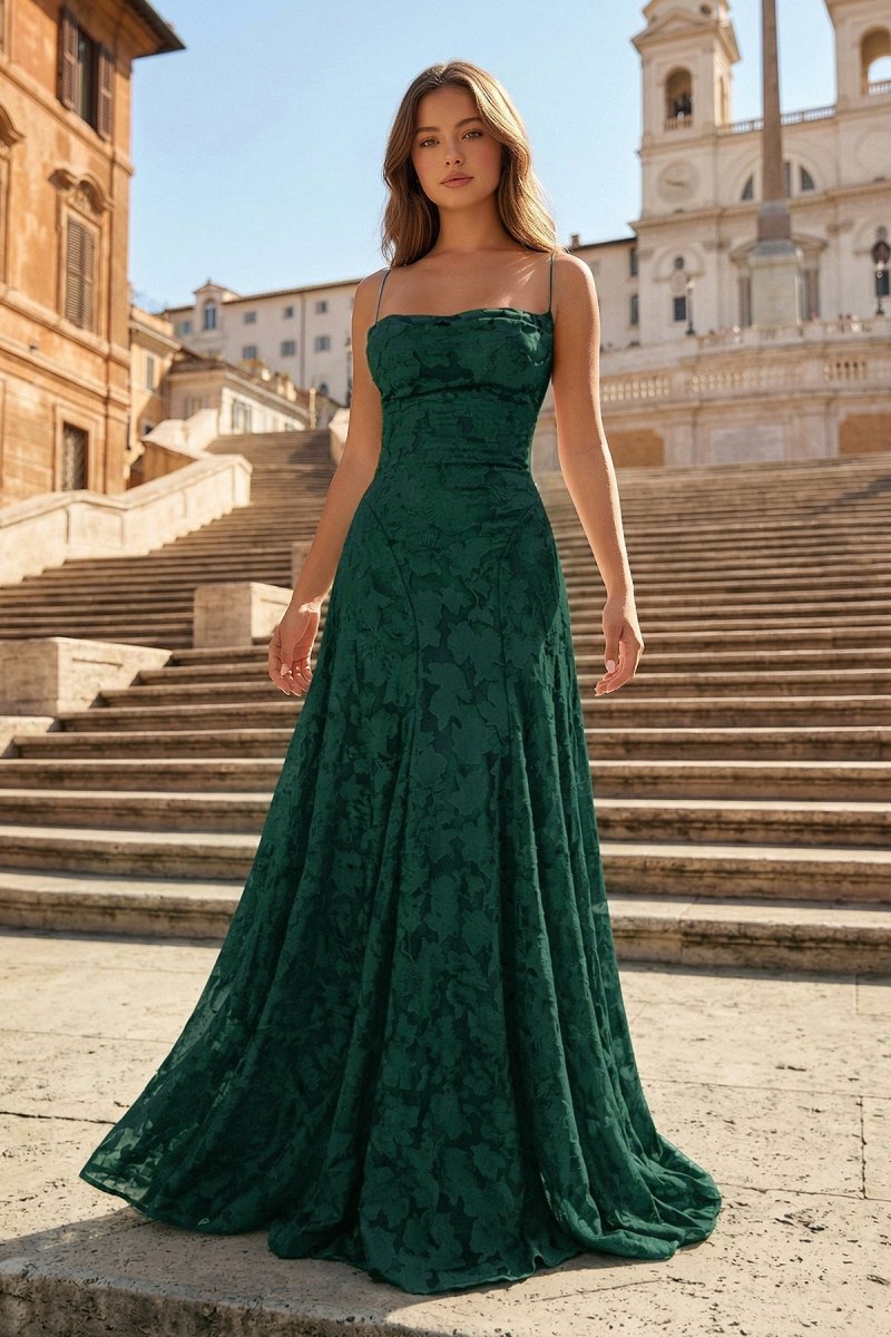 KissProm Pink A-Line Lace Floral Spaghetti Straps Long Prom Dresses, Dark Green / 8