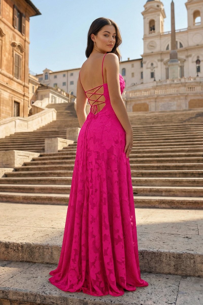 KissProm A-Line Pink Floral Lace Cowl Neck Long Prom Dresses