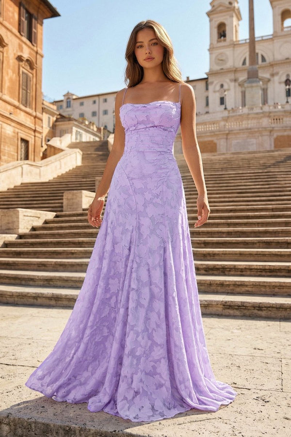 Pink A-Line Lace Floral Spaghetti Straps Long Prom Dresses