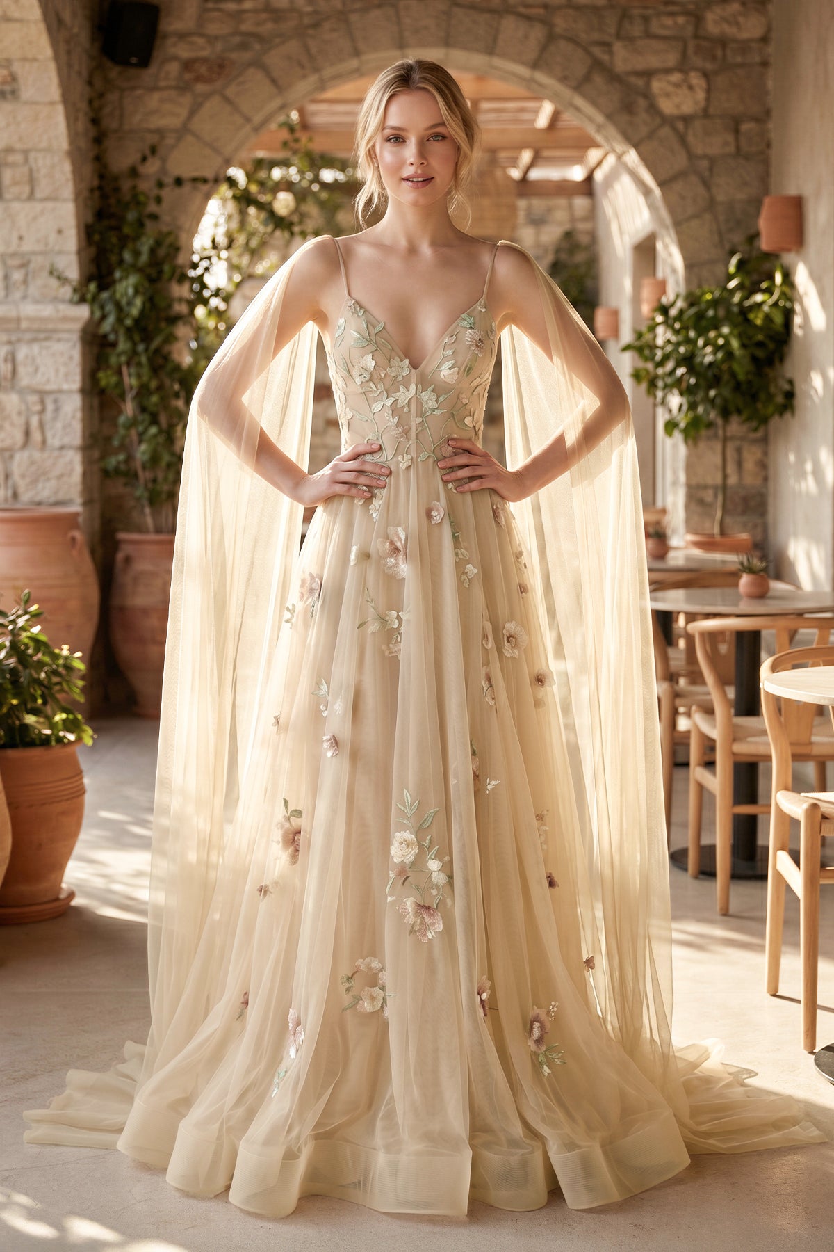 KissProm A-line 3D Flower Colorful V Neck Tulle Forest Wedding Dresses, Champagne / 2
