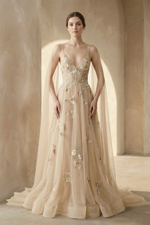 A-line 3D Flower Colorful V Neck Tulle Forest Wedding Dresses – Wedding Dresses by KissProm | Available at KissProm