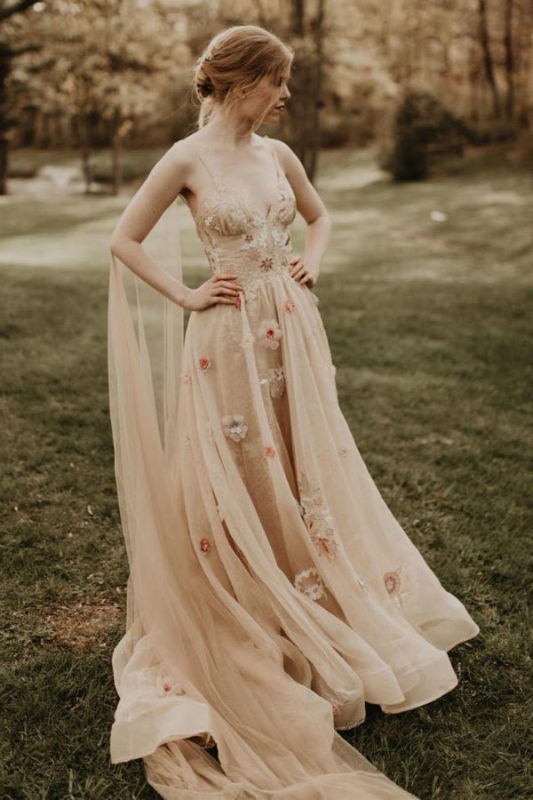 A-Line 3D Flower Colorful V Neck Tulle Forest Wedding Dresses, Black / Custom Size A-Line 3D Flower Colorful V Neck Tulle Forest Wedding Dresses, Black / Custom Size