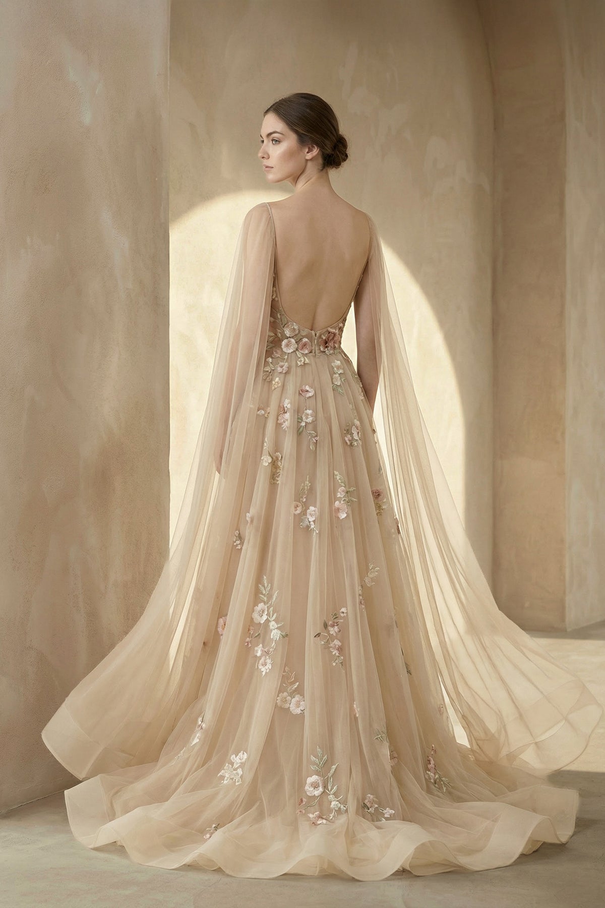 A-line 3D Flower Colorful V Neck Tulle Forest Wedding Dresses, Champagne / 2