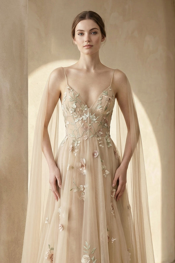 A-line 3D Flower Colorful V Neck Tulle Forest Wedding Dresses – Wedding Dresses by KissProm | Available at KissProm