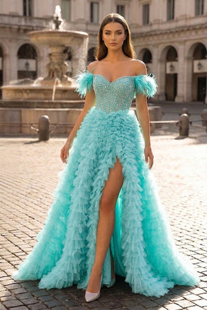 A Line Off the Shoulder Tiered Tulle Prom Dress With Slit - KissProm