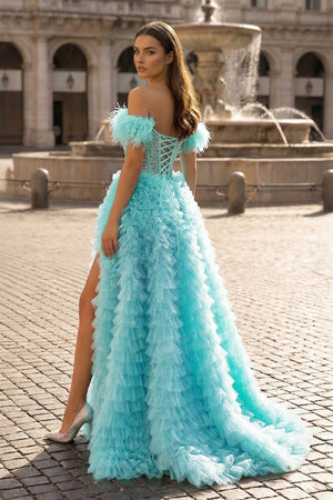 A Line Off the Shoulder Tiered Tulle Prom Dress With Slit - KissProm
