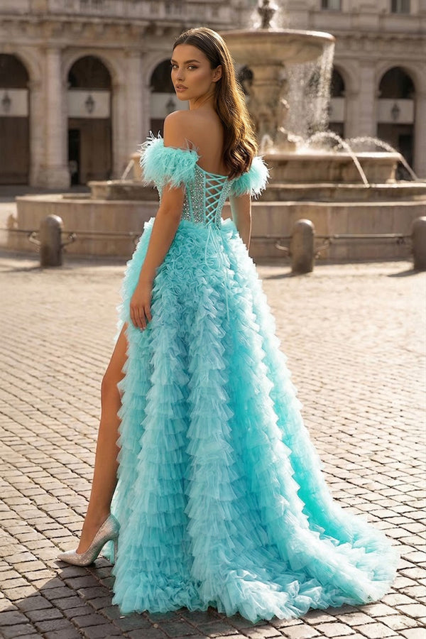 A Line Off the Shoulder Tiered Tulle Prom Dress With Slit - KissProm