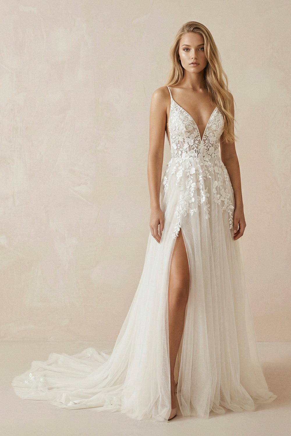 A-line Attractive V-neck Tulle Appliques Bohemian Wedding Dress– Wedding Dresses by KissProm | Available at KissProm