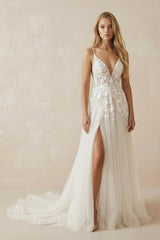 A-line Attractive V-neck Tulle Appliques Bohemian Wedding Dress– Wedding Dresses by KissProm | Available at KissProm