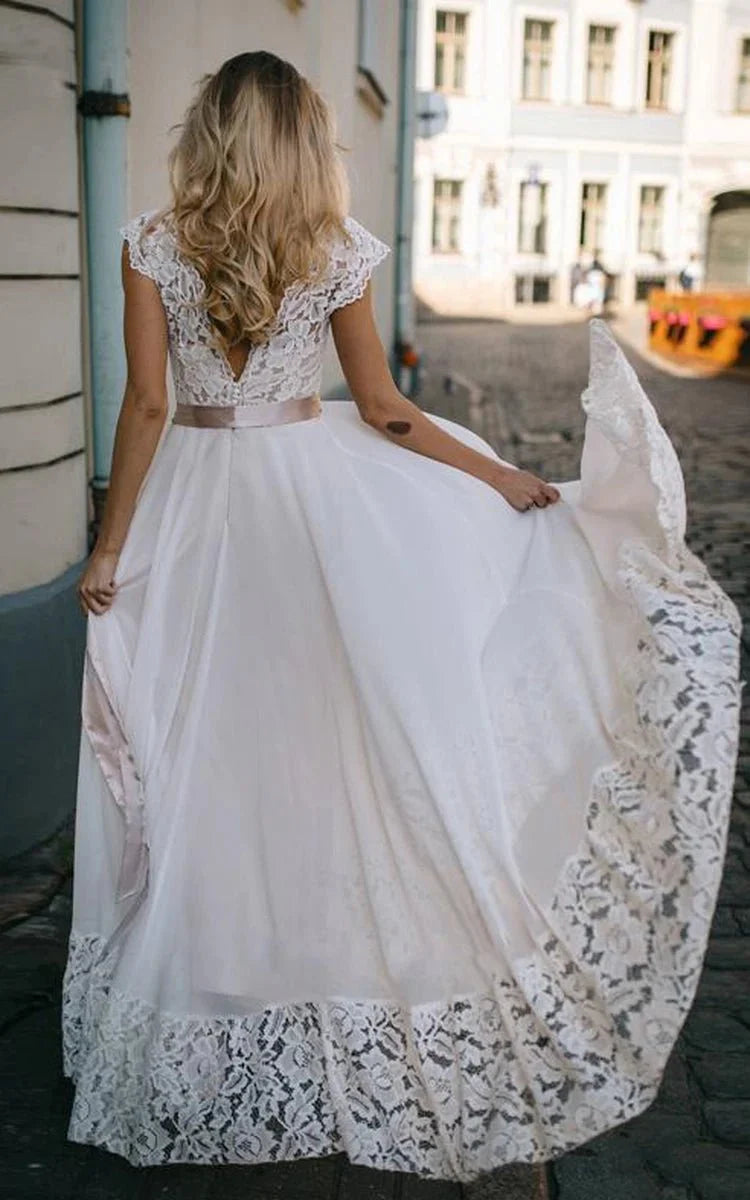 sachin and babi light blue dress A Line Bateau Chiffon and Lace Floor-length Short Sleeve Wedding Dress