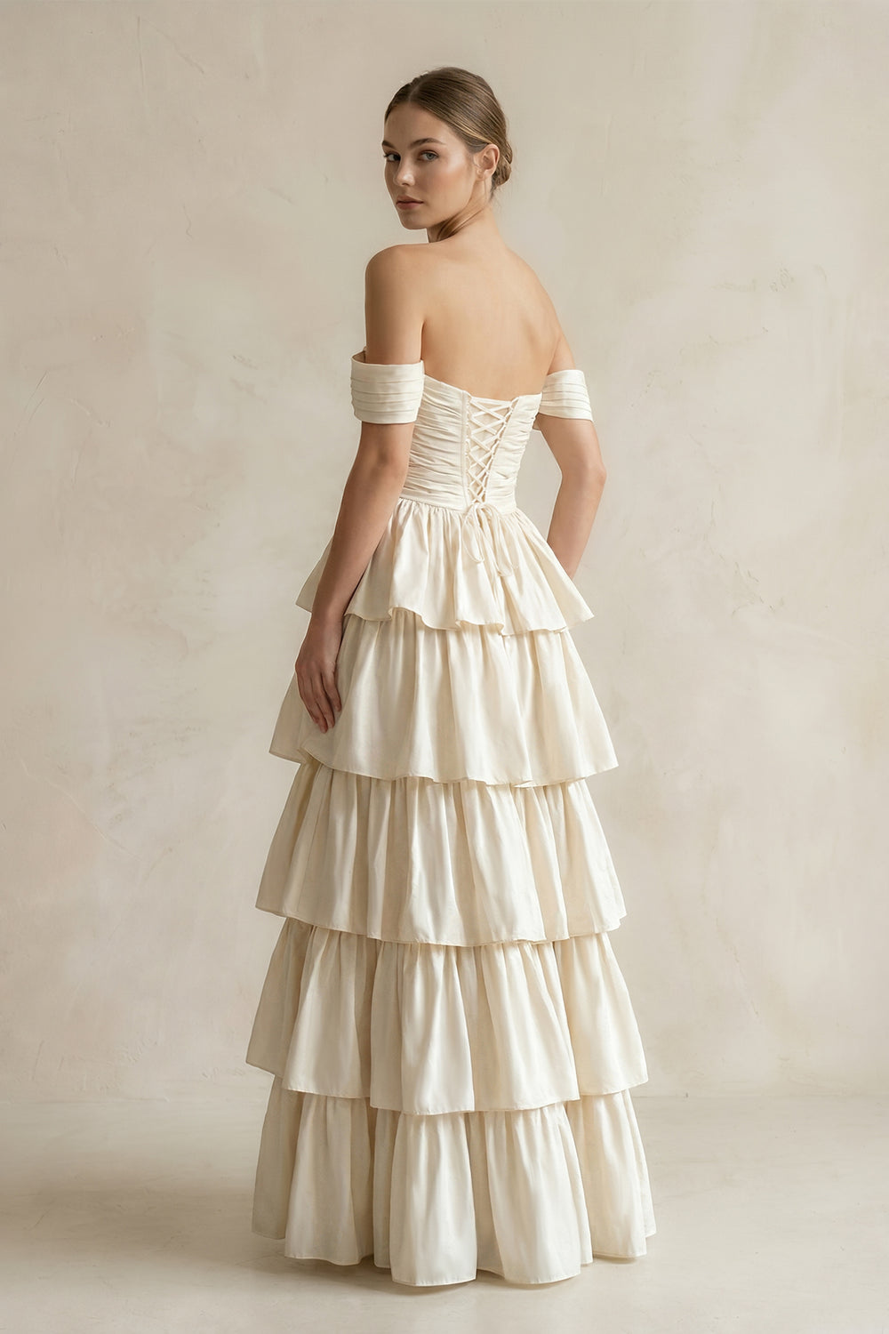 A-Line Beige Multi-Tiered Ruffles Wedding Dresses – Wedding Dresses by KissProm | Available at KissProm