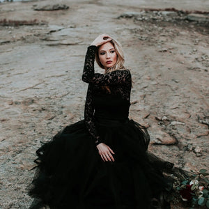 A-Line Black Lace Appliqued Wedding Dress With Train