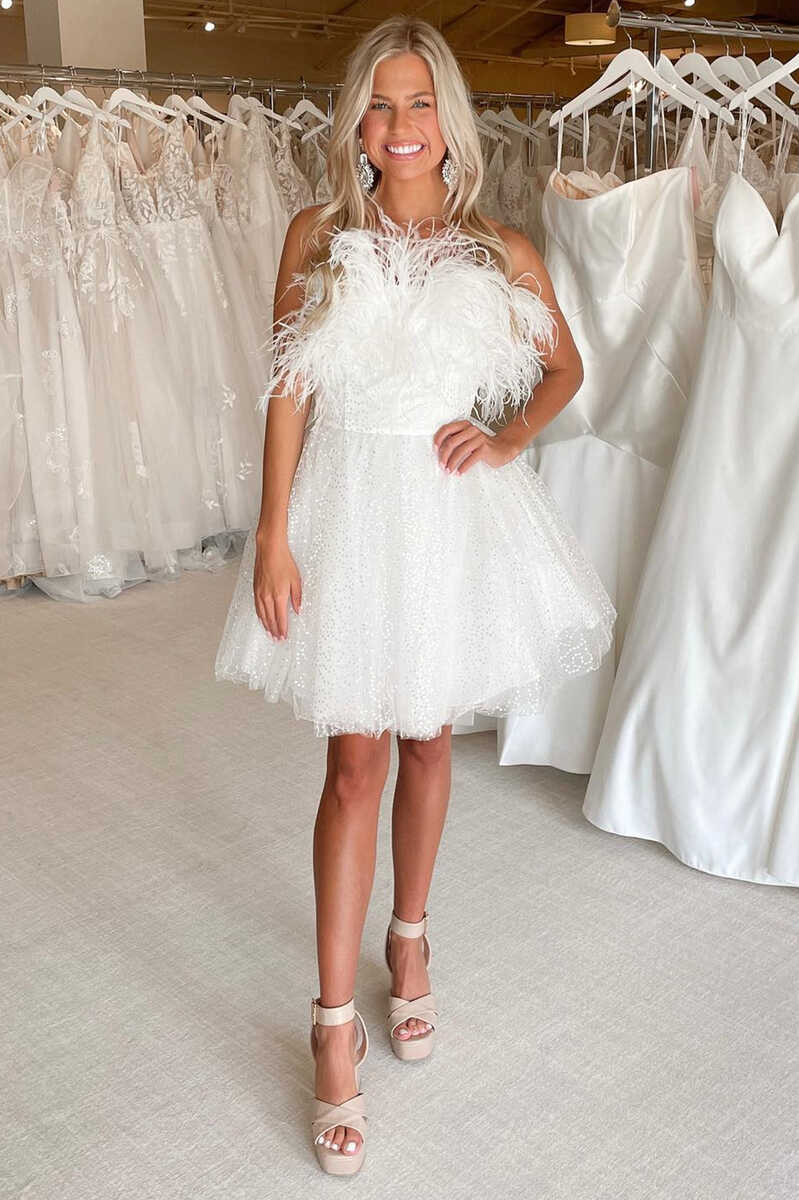 strapless open back dress A-Line Black Sequin Feather Short Party Dress White / 8