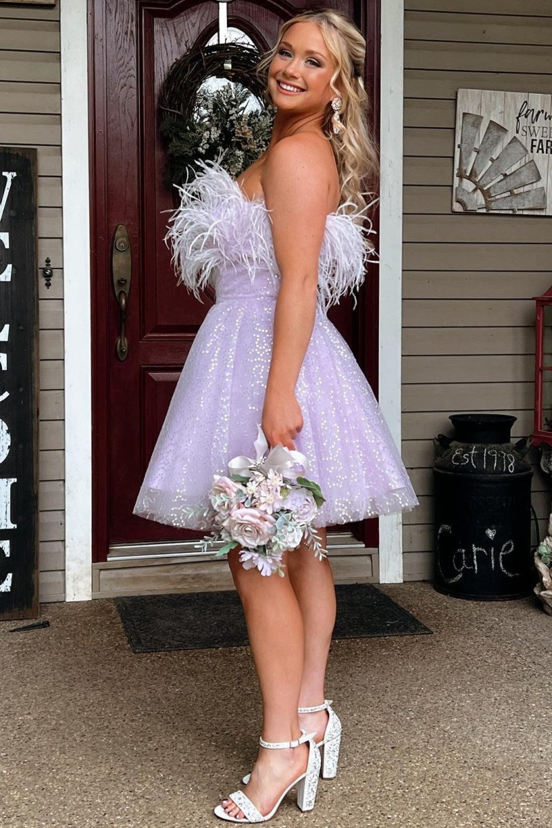 A-Line Black Sequin Feather Short Party Dress, Lavender / 10 A-Line Black Sequin Feather Short Party Dress, Lavender / 10