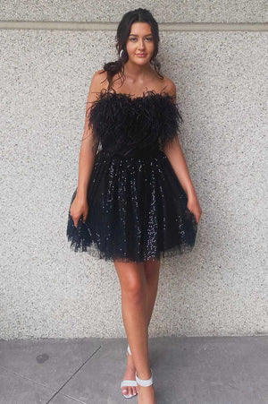 A-Line Black Sequin Feather Short Party Dress Black / 14