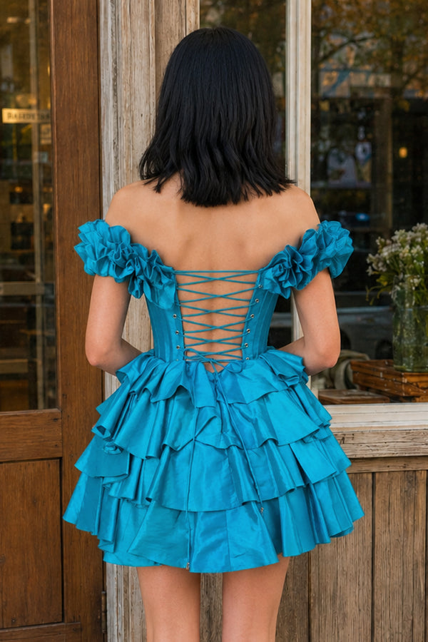 KissProm A-Line Off-the-Shoulder Corset Ruffle Tiered Homecoming Dress, Blue / 6