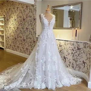 A-Line Bohemian 3D Floral Backless Wedding Dress