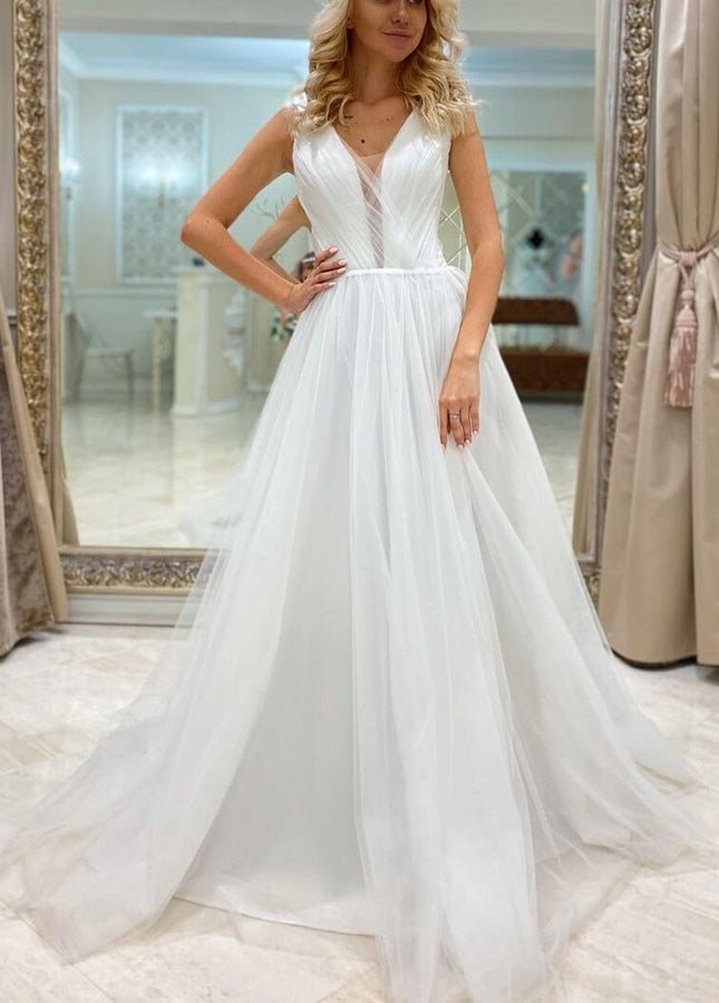 A Line Bohemian Long Tulle Simple Wedding Dress V Neck - KissProm