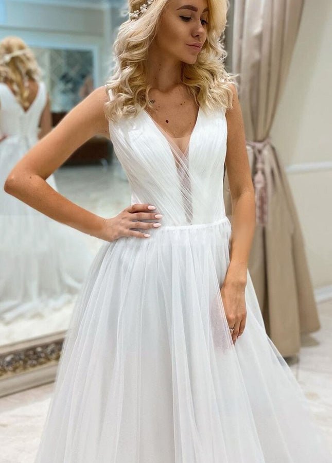 A Line Bohemian Long Tulle Simple Wedding Dress V Neck - KissProm
