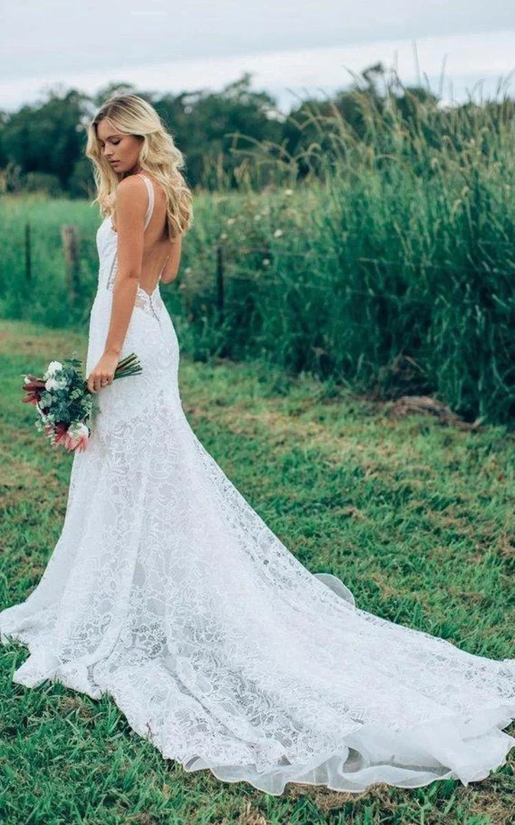 blue dress for baby girl Plunging Neck Boho Lace Mermaid Wedding Dress main image 0