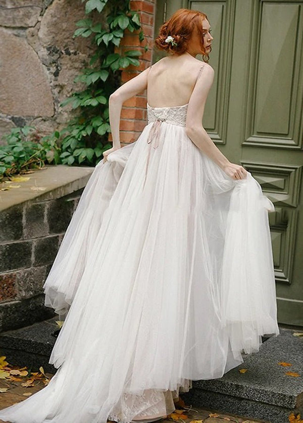 A Line Bohemian Tulle Lace Wedding Dresses Bridal Gowns Beach - KissProm