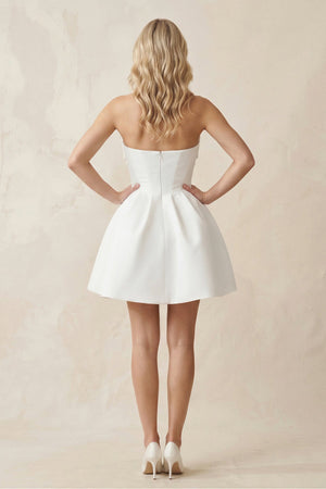 A - Line Bow Strapless Satin MIni Wedding Dress in White - KissProm Wedding Dresses