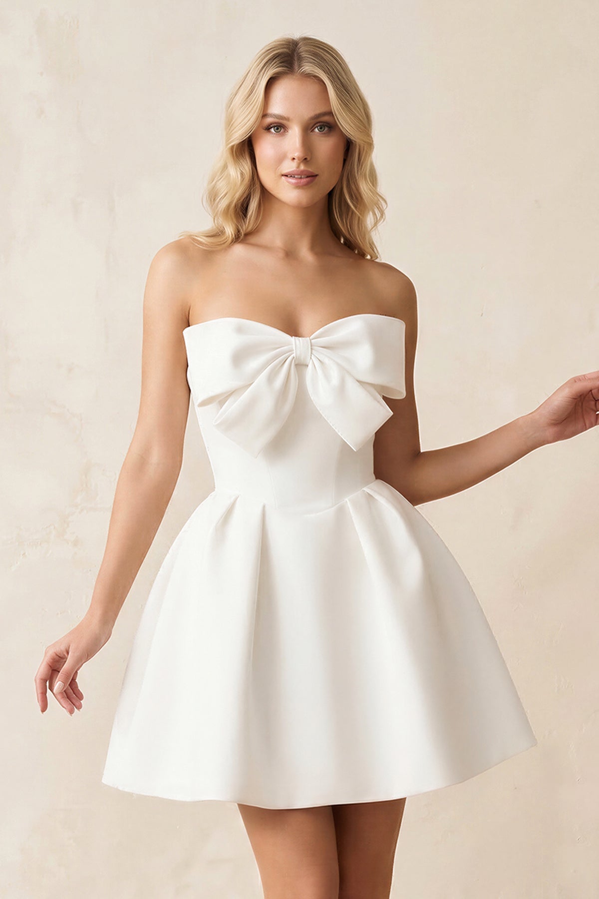 A-Line Bow Strapless Satin MIni Wedding Dress in White, White / 2 A-Line Bow Strapless Satin MIni Wedding Dress in White, White / 2