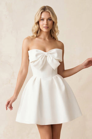 A - Line Bow Strapless Satin MIni Wedding Dress in White - KissProm Wedding Dresses