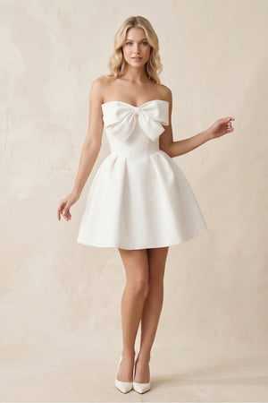 A - Line Bow Strapless Satin MIni Wedding Dress in White - KissProm Wedding Dresses