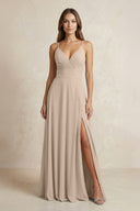 A - Line Cami Strap Chiffon Bridesmaid Dress With Slit in Almond - KissProm Bridesmaid Dresses