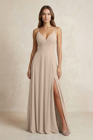 A - Line Cami Strap Chiffon Bridesmaid Dress With Slit in Almond - KissProm Bridesmaid Dresses