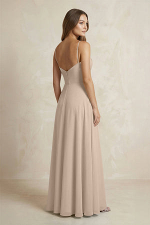 A - Line Cami Strap Chiffon Bridesmaid Dress With Slit in Almond - KissProm Bridesmaid Dresses