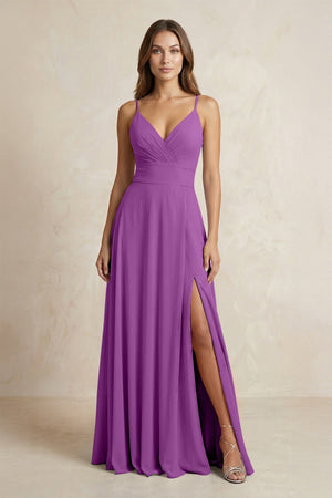 A - Line Cami Strap Chiffon Bridesmaid Dress With Slit in Amethyst - KissProm Bridesmaid Dresses