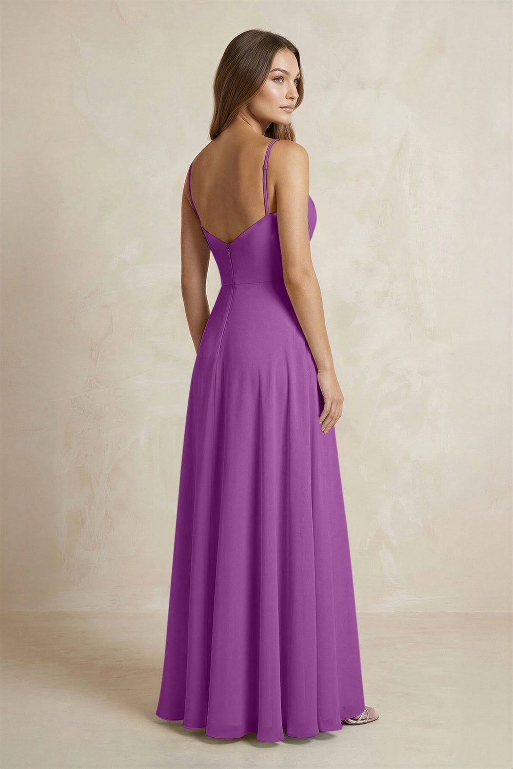A - Line Cami Strap Chiffon Bridesmaid Dress With Slit in Amethyst - KissProm Bridesmaid Dresses