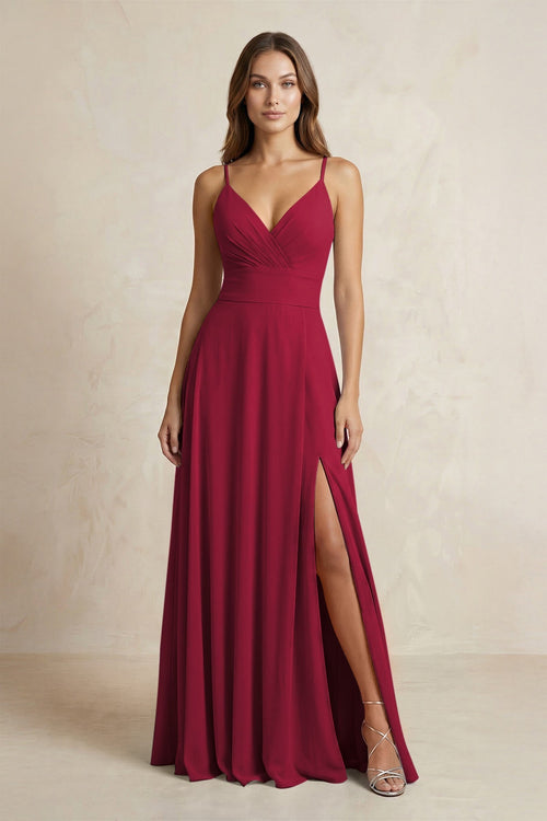 A - Line Cami Strap Chiffon Bridesmaid Dress With Slit in Berry - KissProm Bridesmaid Dresses