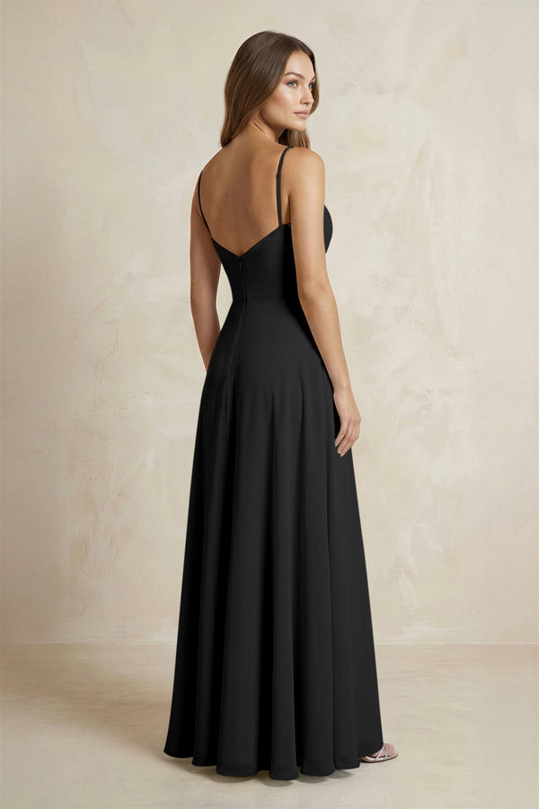 A - Line Cami Strap Chiffon Bridesmaid Dress With Slit in Black - KissProm Bridesmaid Dresses