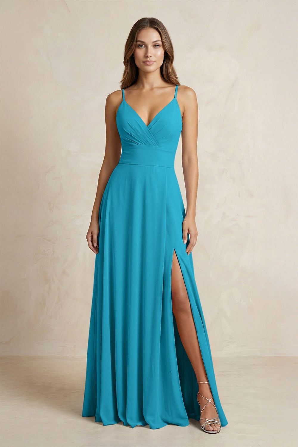A - Line Cami Strap Chiffon Bridesmaid Dress With Slit in Blue Jay - KissProm Bridesmaid Dresses
