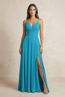 A - Line Cami Strap Chiffon Bridesmaid Dress With Slit in Blue Jay - KissProm Bridesmaid Dresses
